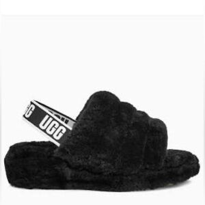 UGG Black Fluffy Slides with Logo Strap